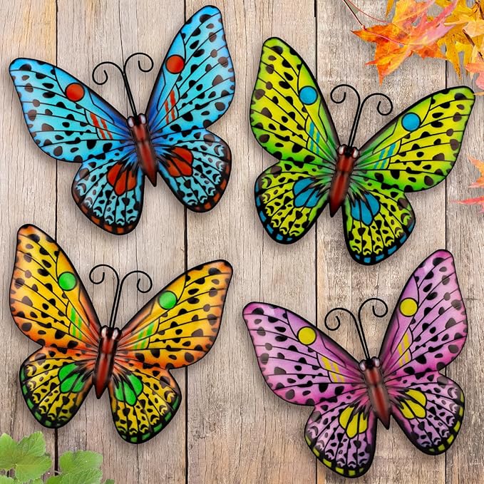 HKKDKTA Metal Butterfly Wall Decor, 4 Pack Outdoor Metal Wall Art Butterfly Decorations for Backyard Patio Fence Garden Balcony