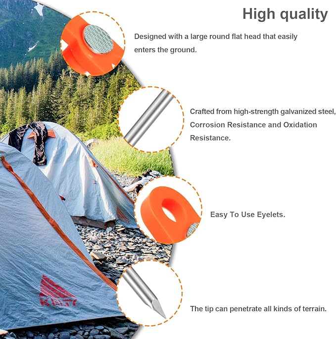 10PCS Tent Stakes,Heavy Duty Camping Tent Stakes Non-Rust Metal Tent Pegs for Garden,Hiking,Canopies,Tarp with 10pcs Rubber Protective Sleeve (Orange)