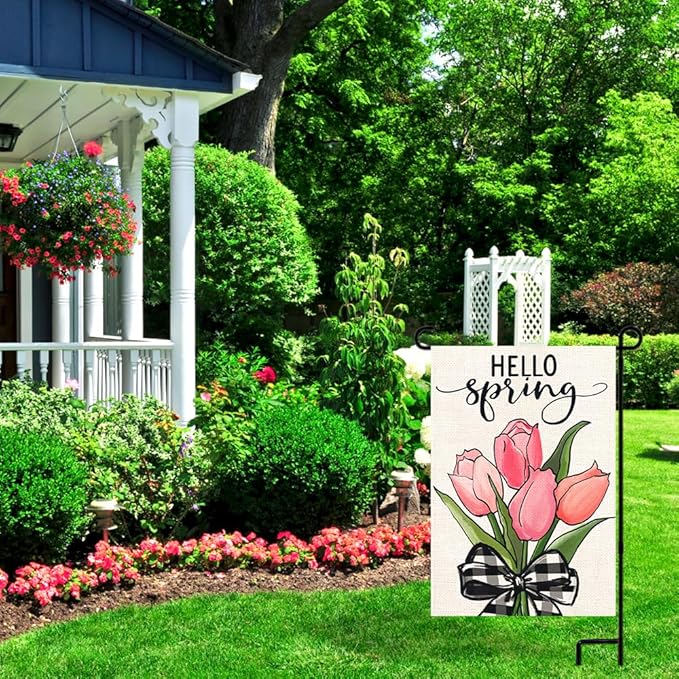 DIYDEC Spring Garden Flag 12x18 Inch Vertical Double Sided Burlap Spring Tulip Flowers Design Hello Spring Flag for Outdoor Yard Garden Seasonal Holiday Farmhouse Spring Summer Decoration
