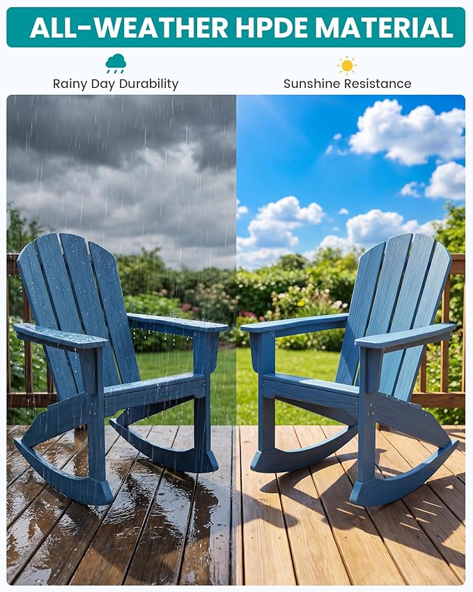 SERWALL Outdoor Adirondack Rocking Chair, All-Weather HDPE Adirondack Rocker Chair, Front Porch Rocker Chairs for Patio Lawn Porch Deck, Navy