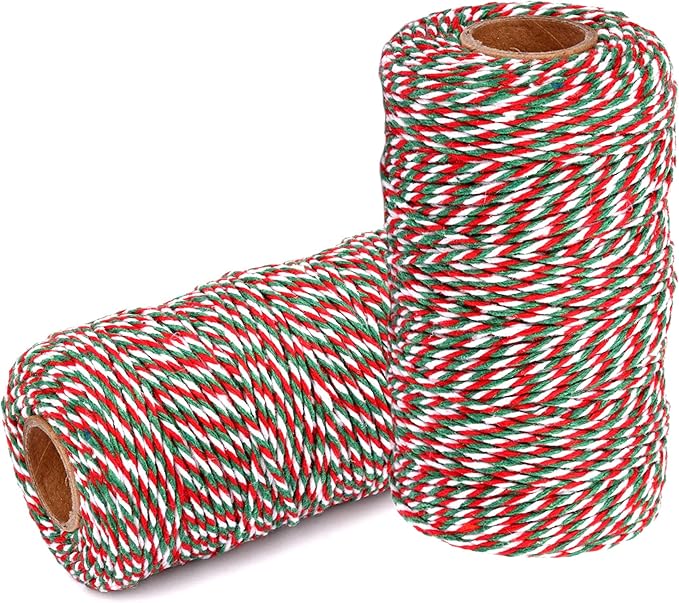 Cotton Twine String Bakers Rope: 2 Roll Twines for Crafts Gift Wrapping - 656 Feet Red Green White Twine for Kitchen Cooking