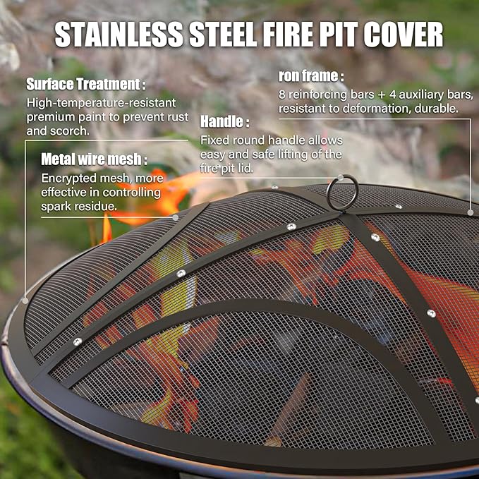 Fire Pit Spark Screen, Upgraded 36 Inch Outdoor Fire Pit Screen with Handle & Poker, Heavy-Duty Steel Fire Pit Cover Round Mesh Replacement Firepit Screen for Backyard/Beach/RV Camping