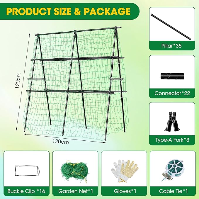 Trellis for Climbing Plants Outdoor, 47''X47'' A-Frame Cucumber Trellis for Raised Bed with Climbing Net, Garden Trellis for Climbing Plants for Cucumber,Tomato, Grapes and Flowers