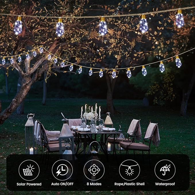 Solar String Lights for Outside, 24FT Vintage Rope Hemp Solar Outdoor String Lights with 20 Shatterproof Bulbs, Solar Powered Waterproof 8 Modes Patio Lights for Garden Fence Balcony Camping - White