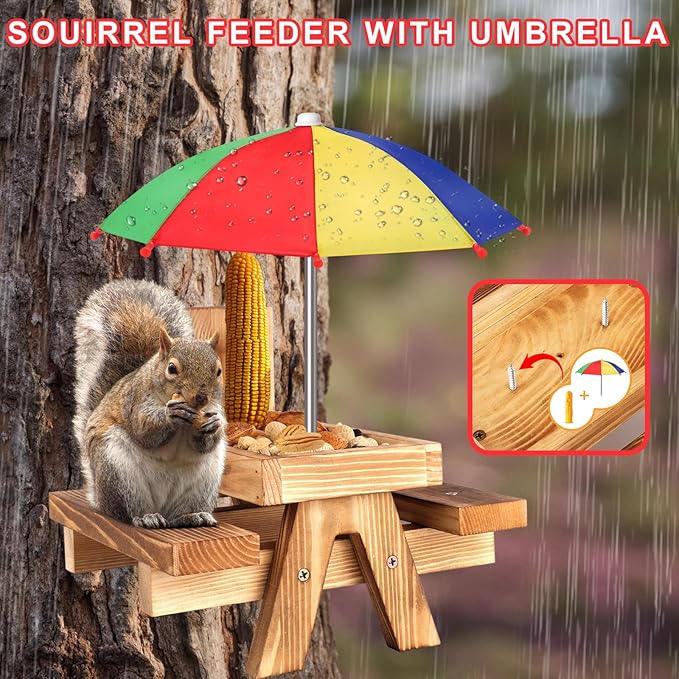 Gnodary Squirrel Feeder with Umbrella, Squirrel Feeders for Outside, Squirrel Picnic Table Feeder - Chipmunk Feeder Hold Corn, Corn Cob, Peanuts (Multiple Color 1)