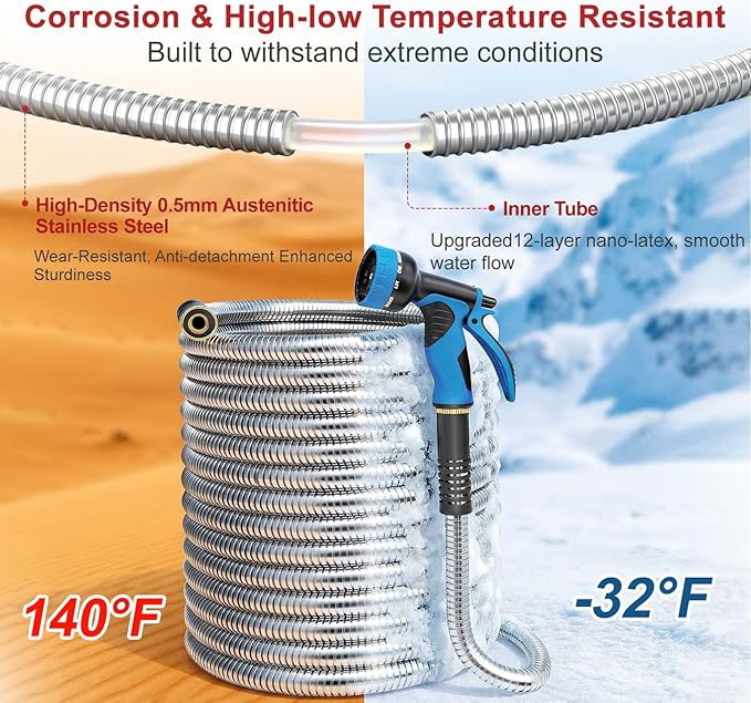 Lefree 100ft Metal Garden Hose - Heavy Duty 304 Stainless Steel Flexible Water Hose, No Kinks & Leak-Proof with Upgraded Handle, 10-Function Spray Nozzle & 4 Spare Gaskets for Yard, RV, Pet Bath