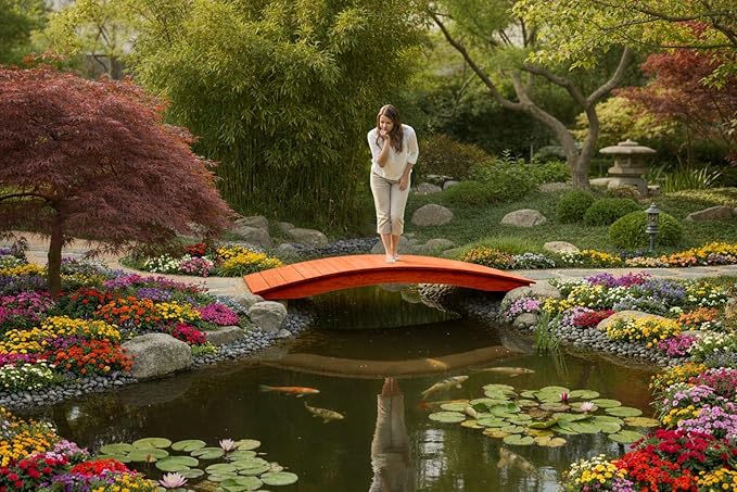 6 FT Cedar Amish Made Pinewood Heavy Duty Garden Bridge for Walkway, Backyard Pond & Landscaping, Outdoor Wooden Footbridge for Koi Pond, Japanese Style Decorative Bridge, Made in USA