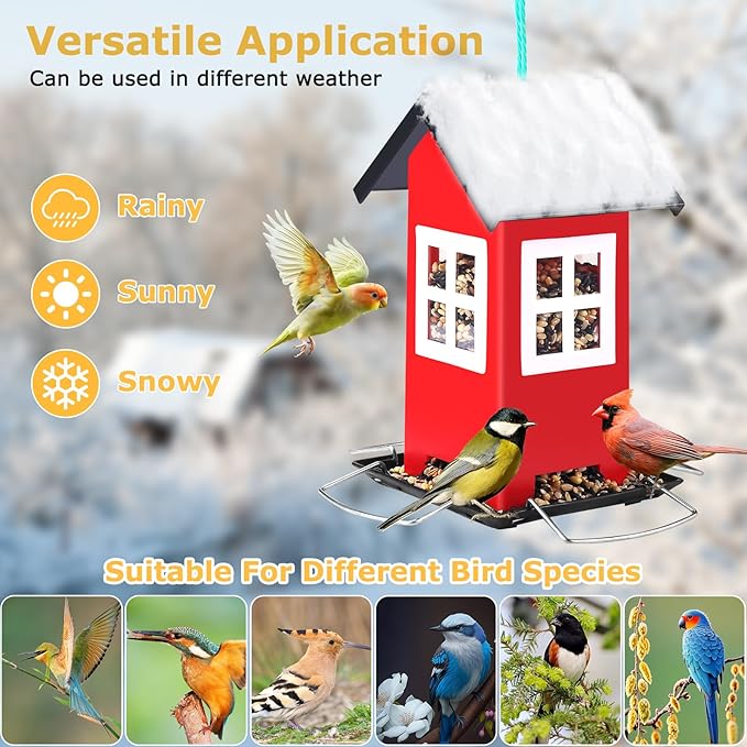 2 Pack Bird House Feeders for Outdoors Hanging - Metal Wild Bird House Feeders with 4 Ports, Country House Design, Garden Yard Decor Weatherproof Outdoor Feeder, (Red)