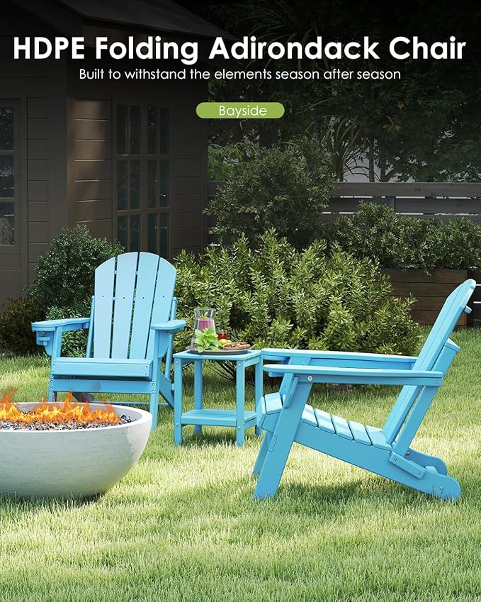 GREENVINES Folding-Adirondack-Chairs-Set-of-2 | HDPE Plastic | Fire Pit Chair | All Weather | Cup Holder | Arctic | for Deck Backyard Patio Outdoor Garden