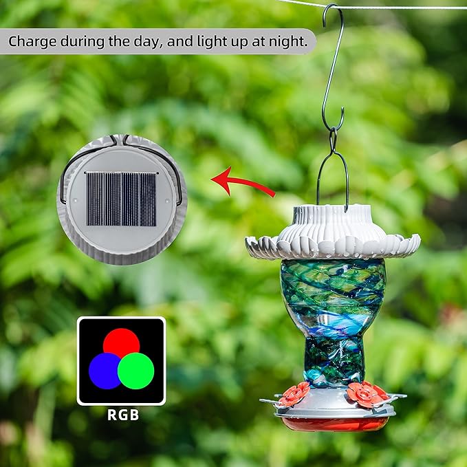 Solar Hummingbird Feeder for Outdoors Hanging Ant and Bee Proof, 25oz Color Changing Light Hand Blown Glass, Leakproof Garden Decor, Gitfs for Bird Lover (Blue)