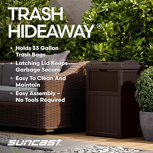 Suncast 33 Gallon Commercial Outdoor Trashcan Hideaway with Lid for 30 to 33 Gallon Trash Bags for Garage, Backyard, or Garden, Brown