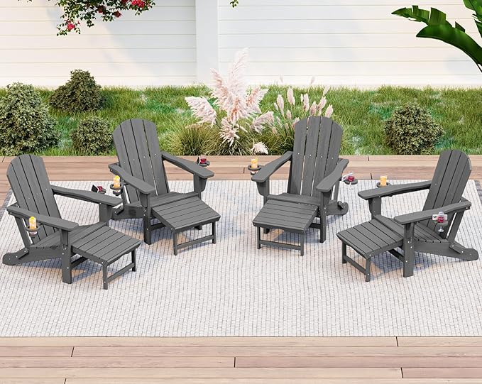 KINGYES Folding Adjustable Adirondack Chair with Ottoman & 2 Cup Holders Set of 4, HDPE Adirondack Recliner Chair with Footrest, Grey
