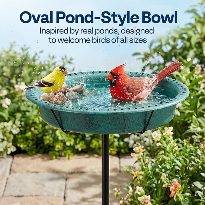 VIVOHOME Oval Bird Bath for Outside, Outdoor Birdbath Bowl with Metal Ground Stake, Weather-Resistant ABS Bird Bath and Feeder for Garden, 1.3 Gallons, Green