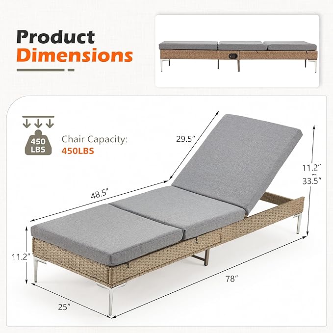 HOMREST Outdoor Chaise Lounge Chair, Patio Wicker Recliner with Pneumatic Adjustable Backrest, Rattan Pool Sunbathing Chair Suitable for Poolside & Backyard with Removable Cushion (Grey)