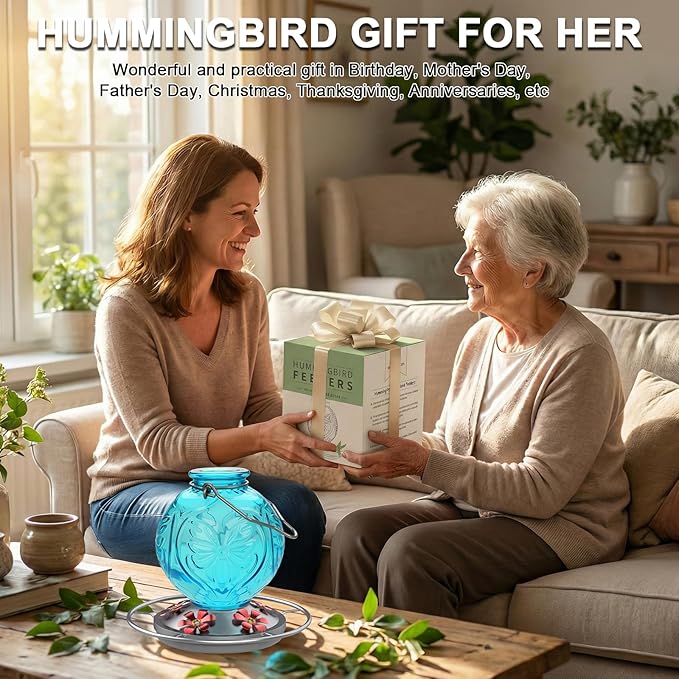 Glass Hummingbird Feeder for Outdoors Hanging, 25Oz Humming Bird Nectar Feeders with Perch & 5 Flower Feeding Ports, Leak Proof for Outside Garden Decor, Gifts for Women (Blue)