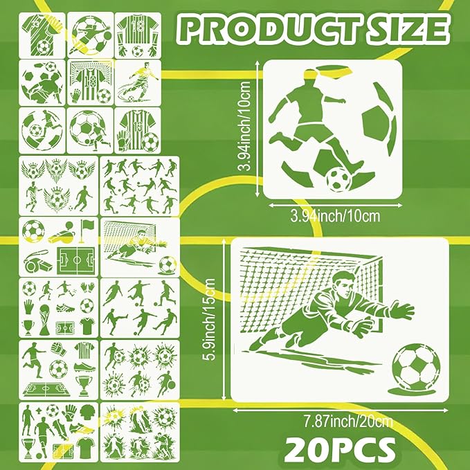 20 Pcs Sports Stencils, Reusable Soccer Stencils for Painting, Football Action Walls Template for Painting on Wood Floor Wall Rock Garden Furniture Canvas DIY Home Decor