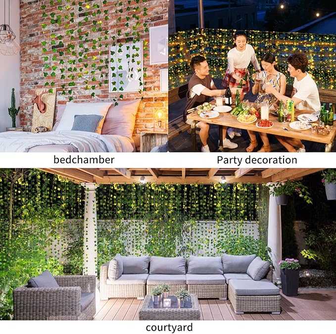 Artificial Vines with LED Fairy Lights, 33ft Green Silk Ivy Garland, 8 Light Modes, Remote Control, Indoor Decor for Bedroom, Living Room, Wedding, Party