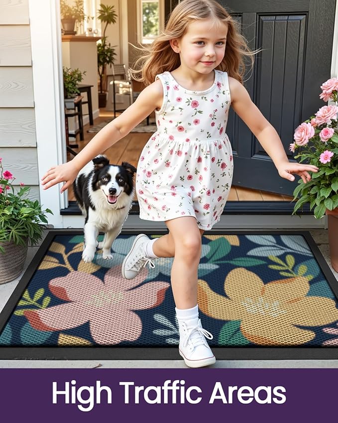 DEXI Front Door Mat Outside Entrance, Spring Entryway Doormat Dirt Trapper, Heavy Duty Non Slip Entry Mats for Patio Garage Porch Home Decorative, 32x48, Colorful Floral
