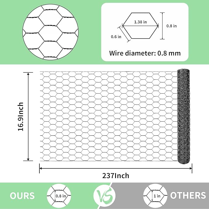 Chicken Wire 16.9 in x 237 in Poultry Wire Netting Hexagonal Galvanized Mesh Garden Fence Barrier for Pet Rabbit Chicken Fencing with 100 Pcs Cable Zip Ties(PVC-Coated)