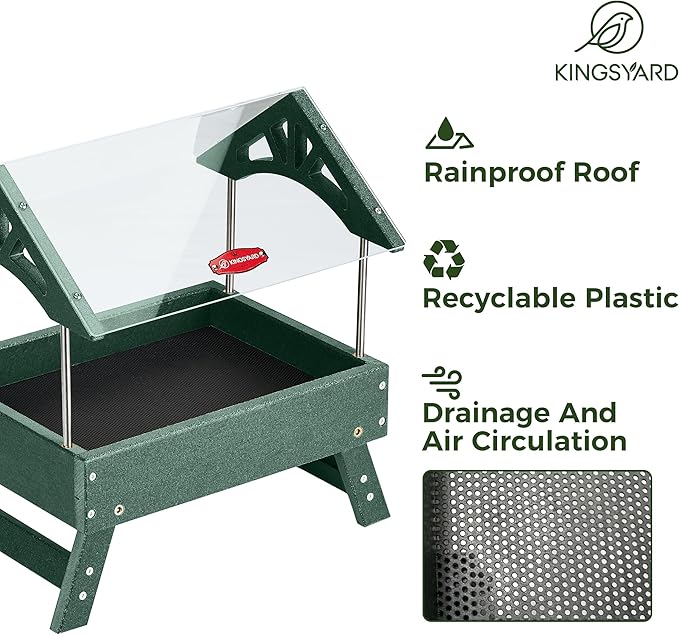 Kingsyard Ground Bird Feeder for Outdoors - Recycled Plastic Platform Feeder for Wild Birds, Rainproof Squirrel Feeders, 5 LBS Large Capacity, Green