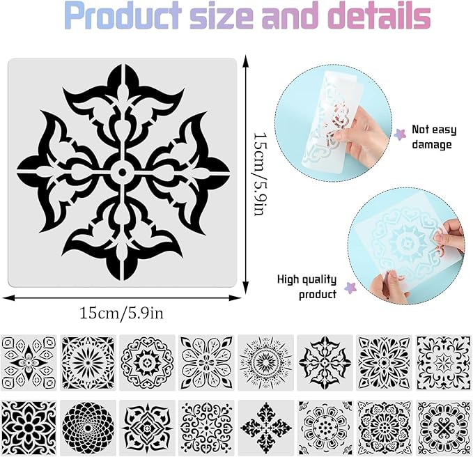 16 Pcs (6 x 6 Inch) Reusable Stencils, Mandala Stencils for Painting DIY Art Scrapbook Fabric Furniture on Wood Floor Wall Tile Easter Decor