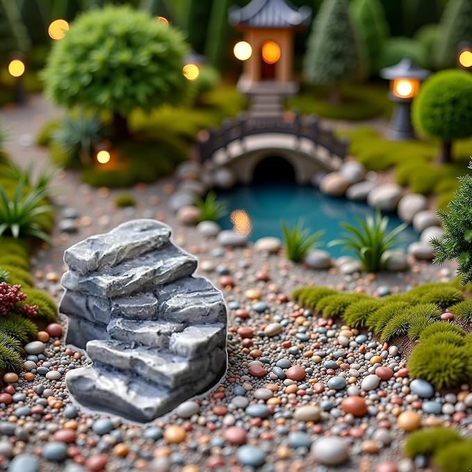Curved Stone Steps Miniature Fairy Garden Accessories,Miniature Pond Lawn Ornament Figurines, Mini Lighthouse Water Well Bridge Figurines, Micro Landscape Ornaments for DIY Kit Statues