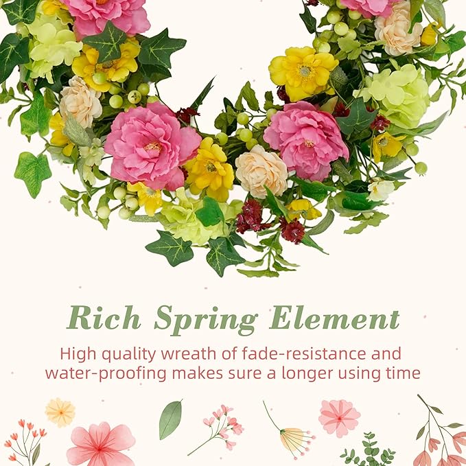 YNYLCHMX 18" Spring Summer Wreaths for Front Door, Artificial Floral Wreath with Peony and Eucalyptus Leaves, Green Foliage Wreath for Wall Window Farmhouse Party Holiday Home Decor