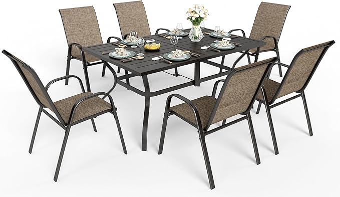 PHI VILLA 7 Piece Patio Table and Chairs Set for 6 Person, Metal Slat Rectangle Table and Stackable Patio Chairs with Textilene Mesh Fabric, All Weather Patio Furniture Set for Deck Lawn Garden