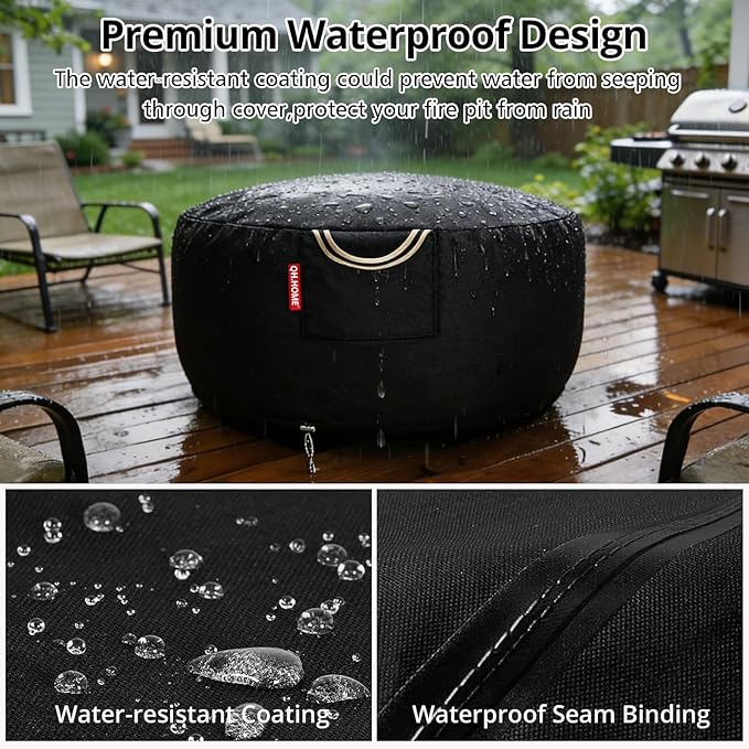 [2026 Upgraded 900D Fabric] Outdoor Fire Pit Cover for 48-50 inch Fire Pit, 900D Heavy Duty Waterproof Patio Table Cover with Air Vent,Handle & Tightening Drawstring, 50"Dia x 24"H-Black