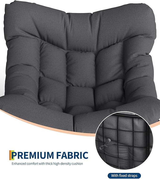 GarveeLife Outdoor Papasan Rocking Chair, Oversized Rocking Chair with Sturdy Metal Frame, Patio Rattan Egg Rocker for Balcony Backyard Porch Bedroom, Grey