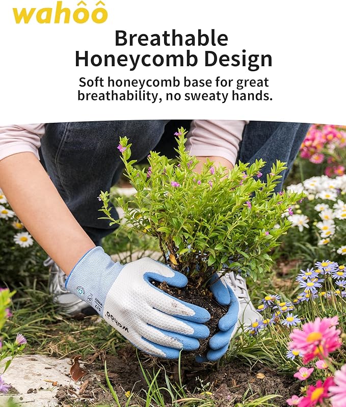 wahoo Gardening Gloves for Women, Garden Gloves with Latex Palm Coated, Breathable B.COMB AIR Technique, Pureed Pumpkin & Azure Blue, Small, 2 Pairs