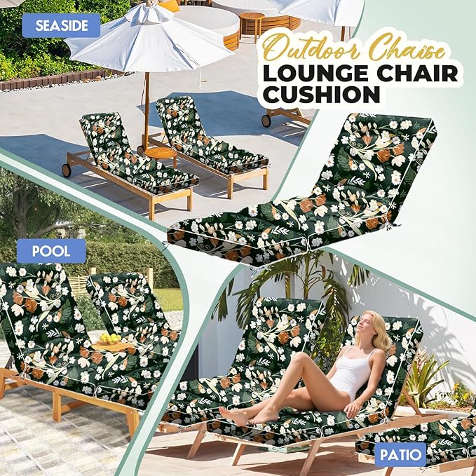 Outdoor Chaise Lounge Chair Cushion, Waterproof Non-Slip Patio Chaise Lounge Cushions for Outdoor Furniture, Thickened Patio Pool Lounge Chair Cushion, 76.4 x 22.8 x 4.7 Inches, Green Floral