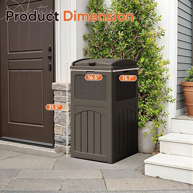 YESHOMY 33 Gallon Resin Outdoor Trash Can with Lid, Hideaway Waterproof Patio Garbage Bin, Brown