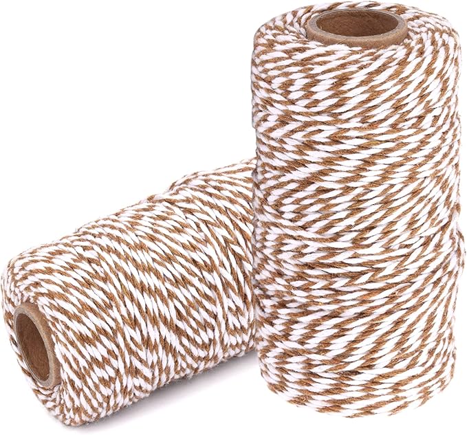 Cotton Twine String Bakers Rope: 2 Roll Twines for Crafts Gift Wrapping - 656 Feet Brown White Twine for Kitchen Cooking