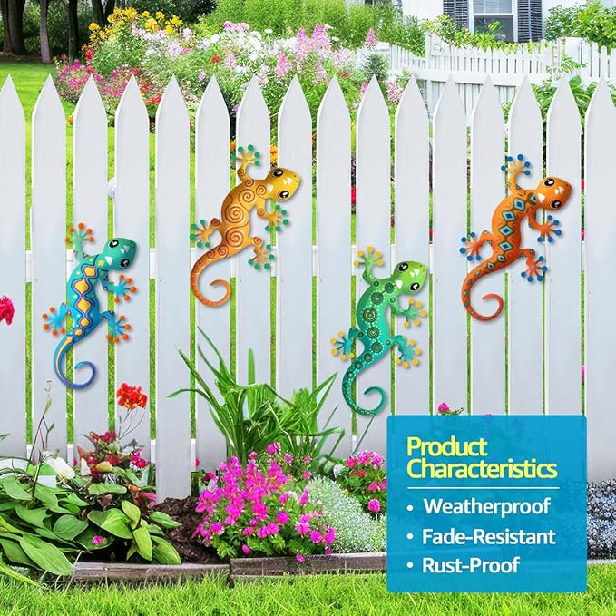 4 Pcs Metal Gecko Outdoor Decorations - Metal Wall Art Hanging Sculpture Decoration for Garden Yard Fence Porch Wall Decor, Gift for Mom Dad Friends