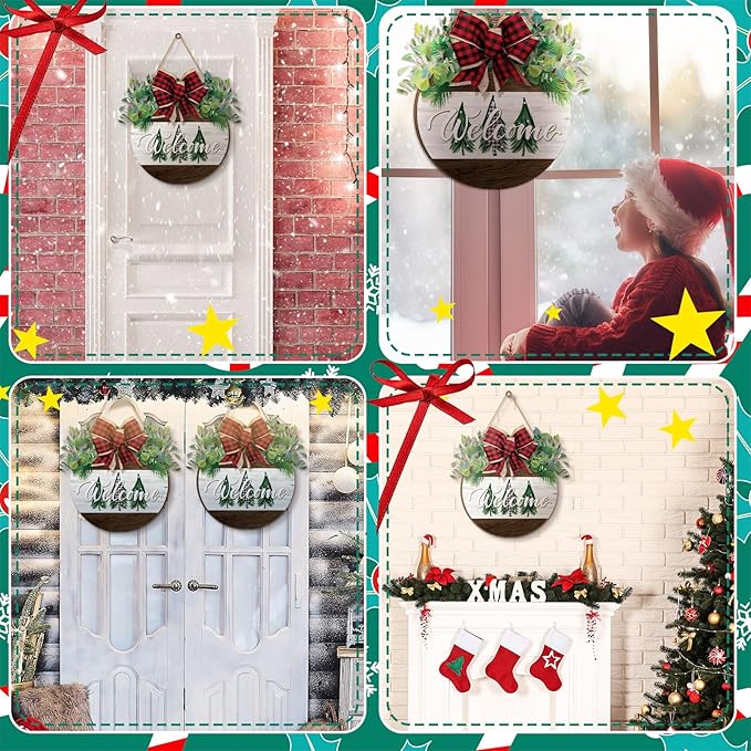 Boao Christmas Door Decorations Wooden Merry Christmas Welcome Front Door Sign Hanger with Red Buffalo Plaid Bow Xmas Wreaths for Outdoor Porch Farmhouse Decor