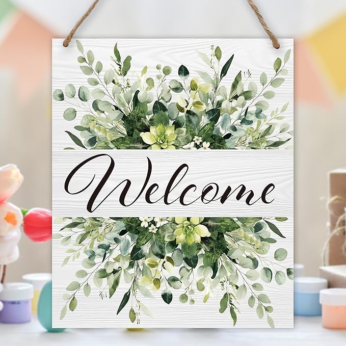 Spring Welcome Sign for Front Door, Welcome Door Sign Decor, Greenery Rectangle Wood Sign Hanger for Outdoor Farmhouse Garden Porch Home - C08