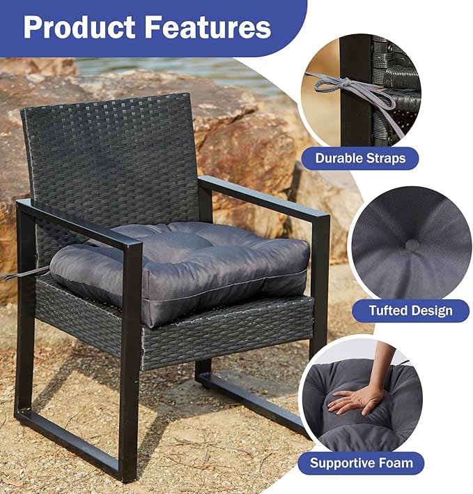 Outdoor Chair Cushions Set of 4, Patio Chair Cushions with Ties, 19x19+5” Tufted Outdoor Seat Cushions, Waterproof Patio Furniture Cushions, Outdoor Dining Chair Pads, Dark Grey