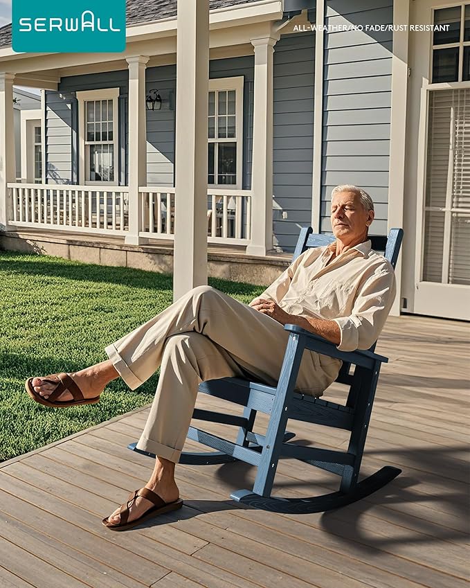 SERWALL Outdoor Rocking Chair, HDPE Rocking Chair for Adults, All Weather Porch Rockers for Lawn Garden, Navy