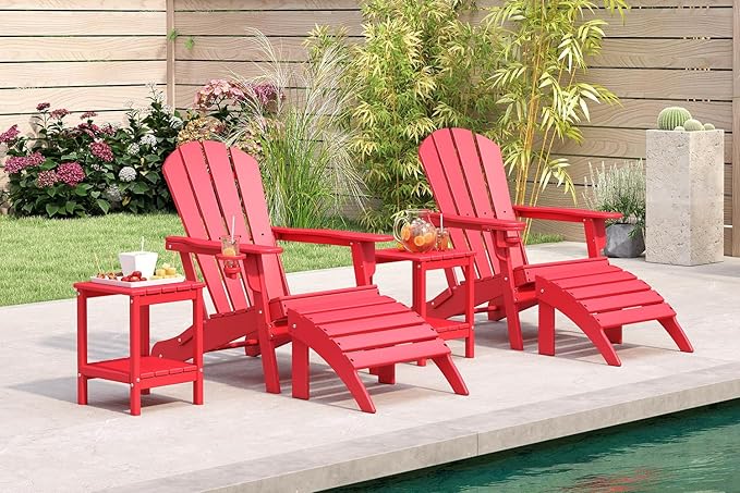 BRIOPAWS Folding-Adirondack-Chair | HDPE Plastic | Fire Pit Chairs | Cup Holder | Curved Back | All Weather | for Outdoor Backyard Deck Patio | Red