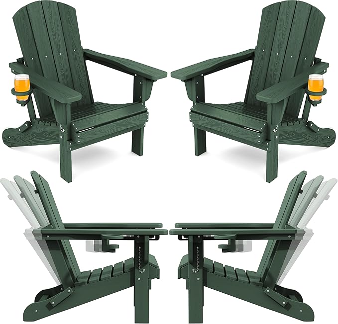 SERWALL Folding Adirondack Chair Set of 4, Reclining Adirondack Chair with 3 Recline Positions, All Weather HDPE Outdoor Adirondack, Green