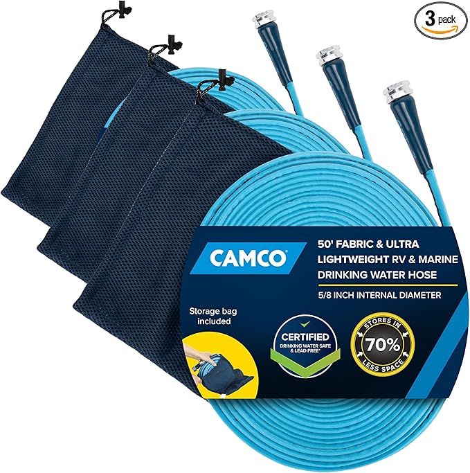 Camco EvoFlex2 50-ft Drinking Water Hose - RV Drinking Water Hose Reinforced with Fabric & Ultra Lightweight - Contains No_Lead, No_BPA & No_Phthalate - Abrasion Resistant (22579) (Pack of 3)