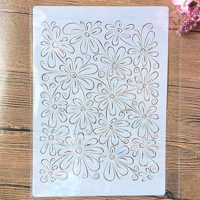 TIAMECH A4 Reusable Daisy Stencil for Painting - Flower Texture Layering Template, DIY Wall Art, Wood Furniture, Scrapbook & Crafts (8.3x11.7inch)