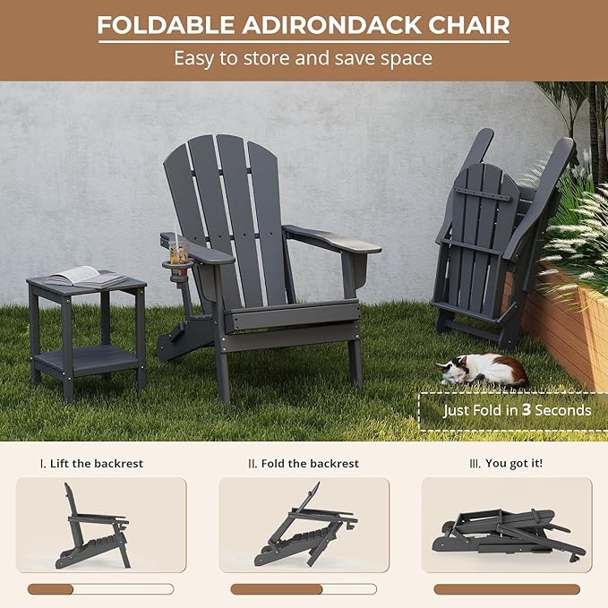 BRIOPAWS Folding-Adirondack-Chairs Set of 2 | HDPE Plastic | Fire Pit Chair | Cup Holder | Curved Back | All Weather| for Outdoor Backyard Deck Patio | Grey