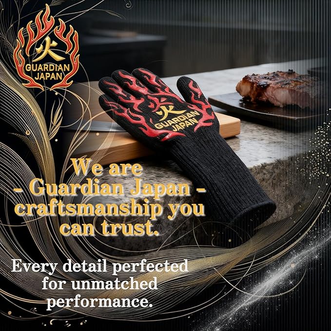 Premium Heat Resistant BBQ Gloves – Fireproof 1472°F Aramid Grill Mitts for Barbecue, Smoker, Campfire, Fire Pit, Oven, Japanese Supervised Design (炎-HONO-Red, L)