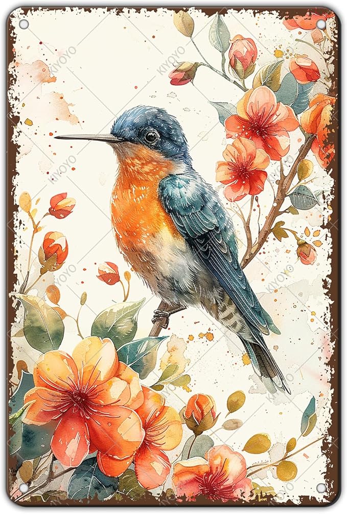 Vintage Tin Sign Hummingbird Watercolor Colorful Bird Metal Sign Hummingbird Art Decor for Home Garden Kitchen Office 12x8 Inch