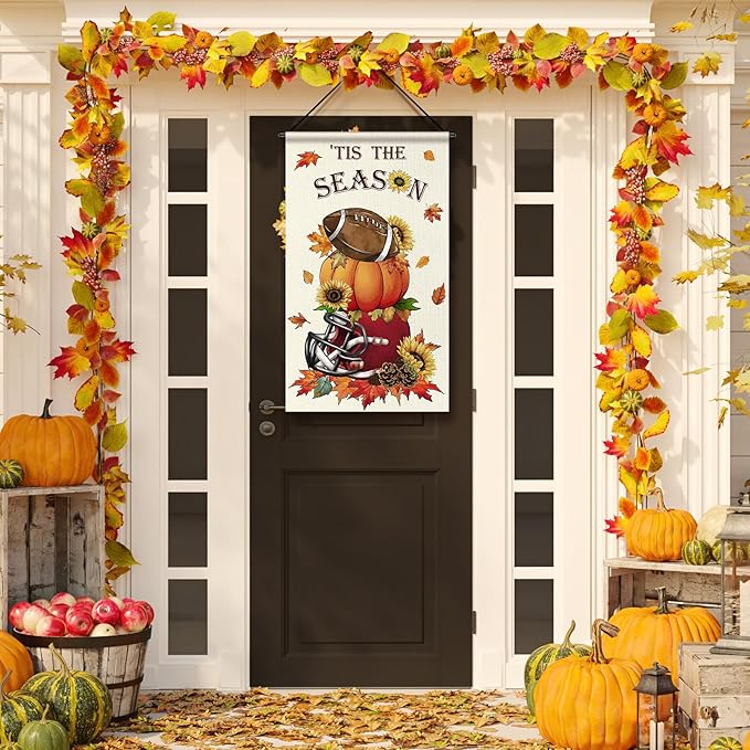 Tegeme 3 Pcs Fall Football Decorations Door Sign Flag Football Pumpkin Door Banner 12 x 20 Inch Autumn Welcome Hanging Banner Seasonal Holiday Flags Decoration for Outdoor Thanksgiving Party