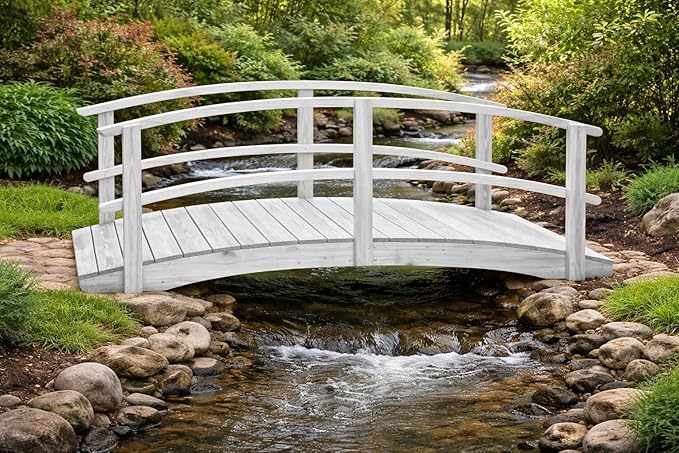 10 FT White Amish Made Garden Bridge with Double Rails for Walkway, Backyard Pond & Landscaping, Outdoor Wooden Footbridge for Koi Pond, Japanese Style Decorative Bridge, Made in USA