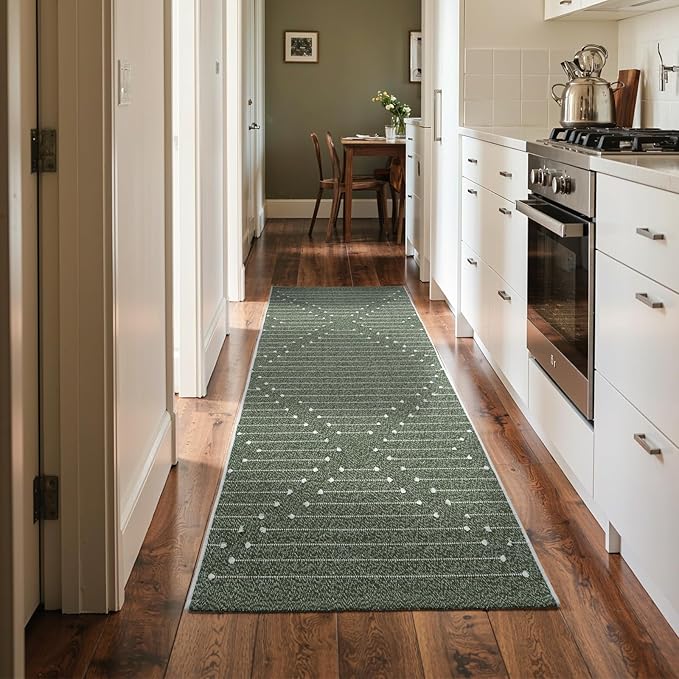 LIVEBOX 2x6 Green Entryway Runner Rug, Hallway Kitchen Cotton Woven Runners, Washable Narrow Rugs for Laundry Room (Dark Green & White)