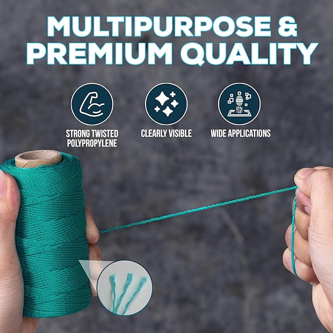 Mason Line String 1.3mm Thick Twisted Polypropylene – Durable Construction Twine for Laying Bricks, Blocks, Fences in Gardening, DIY & Landscaping Projects (Green, 393 Ft)